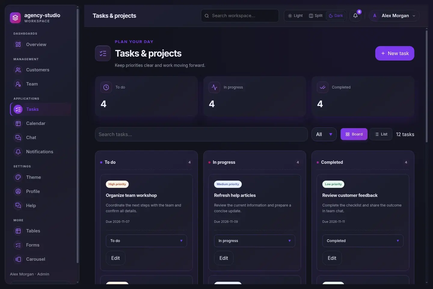 Agency Studio — actual desktop layout in dark mode