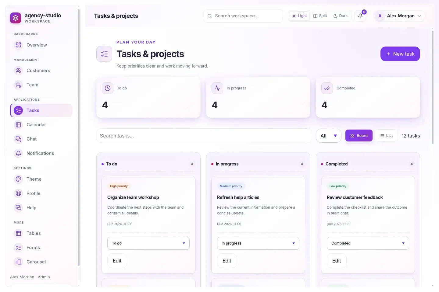 Agency Studio — actual desktop layout in light mode