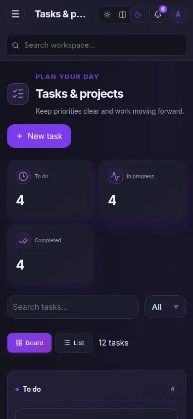 Agency Studio — actual mobile layout in dark mode