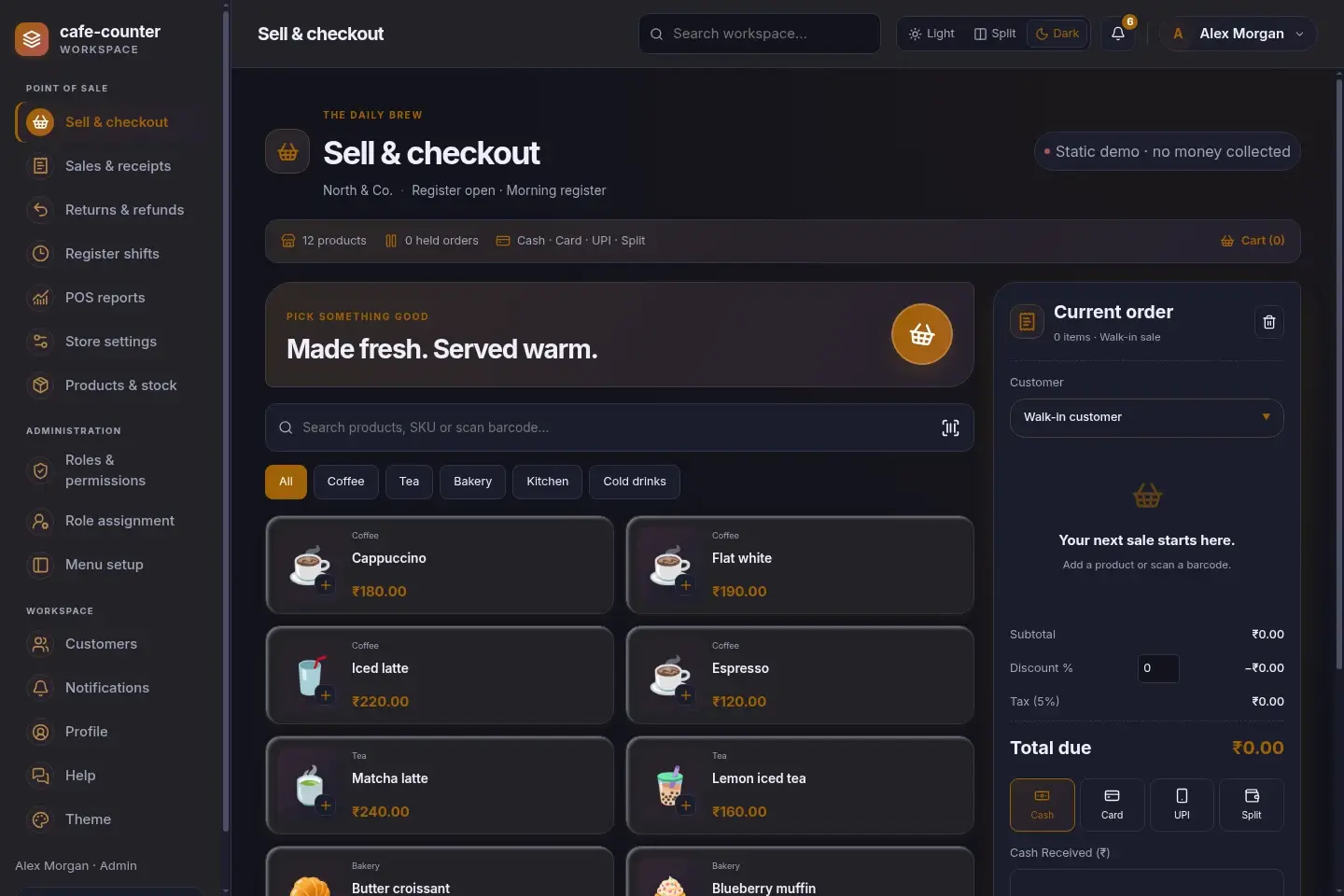 Cafe Counter POS — actual desktop layout in dark mode