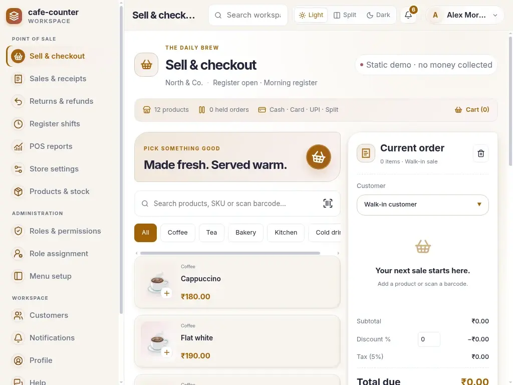 Cafe Counter POS — actual laptop layout in light mode
