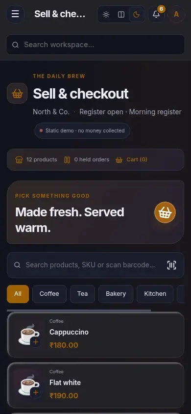 Cafe Counter POS — actual mobile layout in dark mode