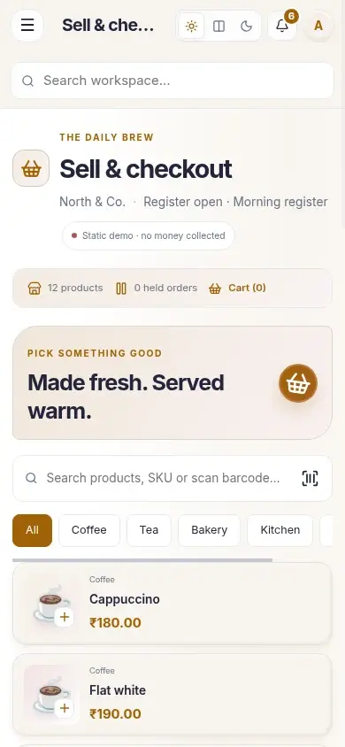 Cafe Counter POS — actual mobile layout in light mode