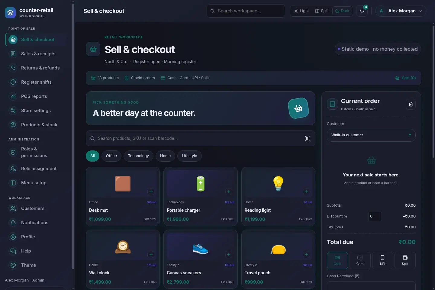 Counter Retail POS — actual desktop layout in dark mode