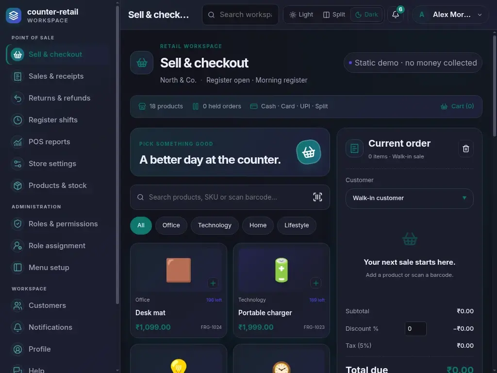 Counter Retail POS — actual laptop layout in dark mode