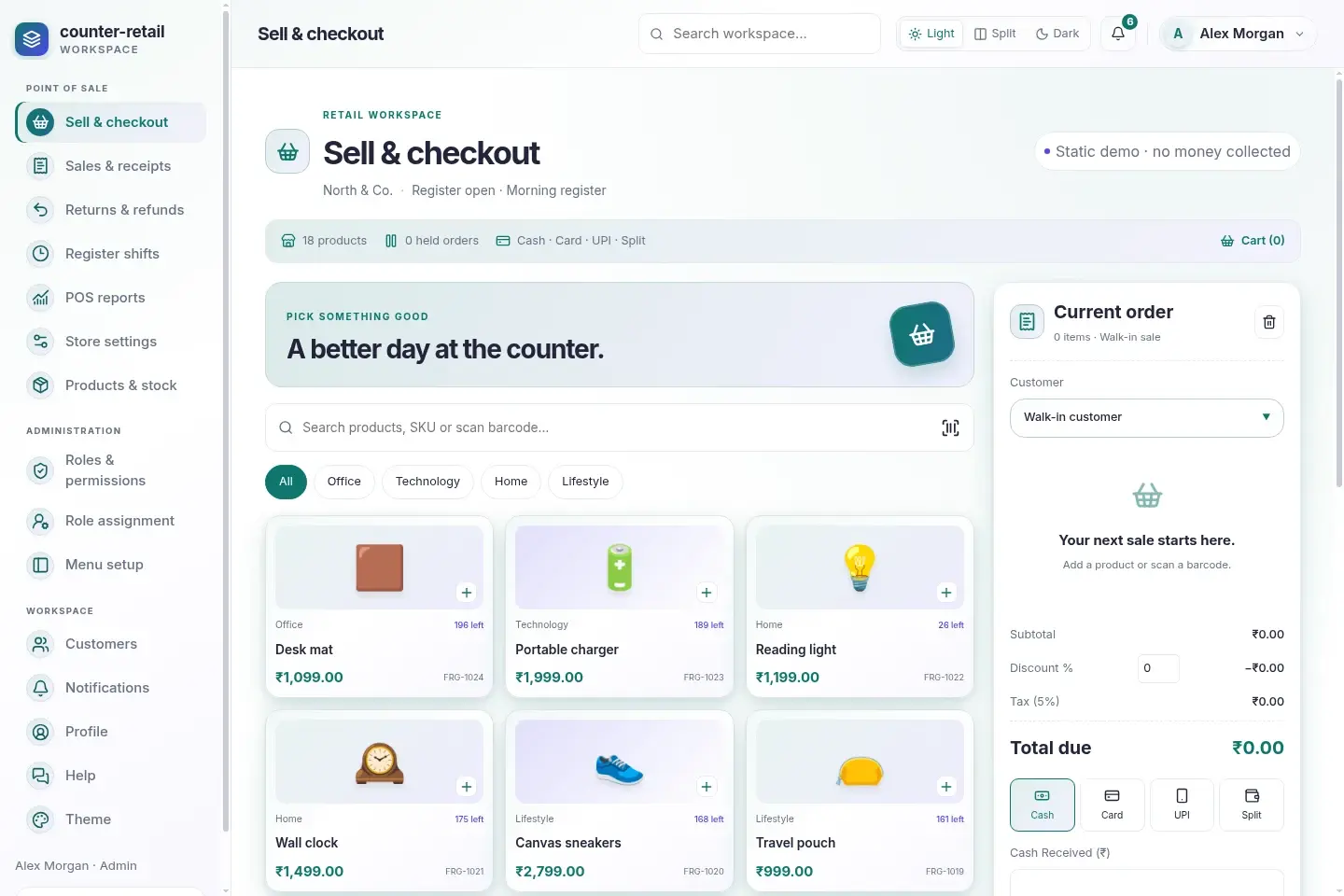 Counter Retail POS — actual desktop layout in light mode