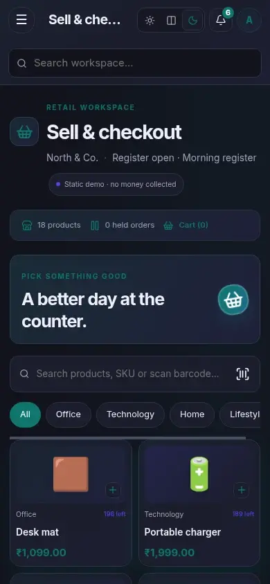 Counter Retail POS — actual mobile layout in dark mode