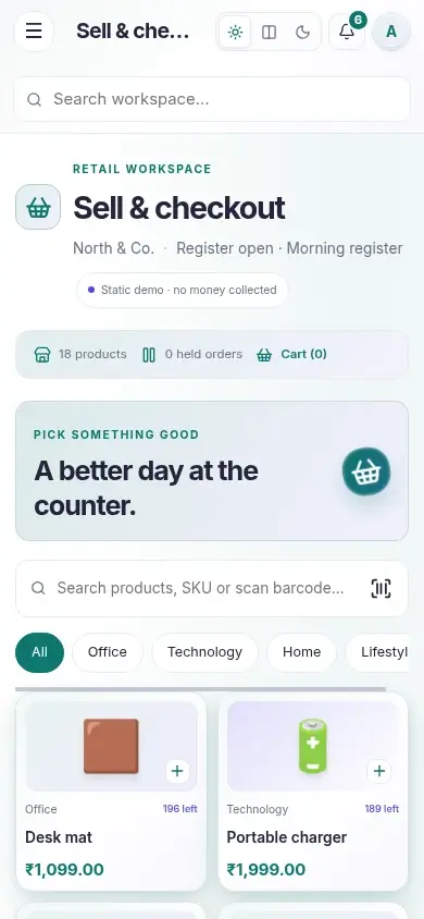 Counter Retail POS — actual mobile layout in light mode
