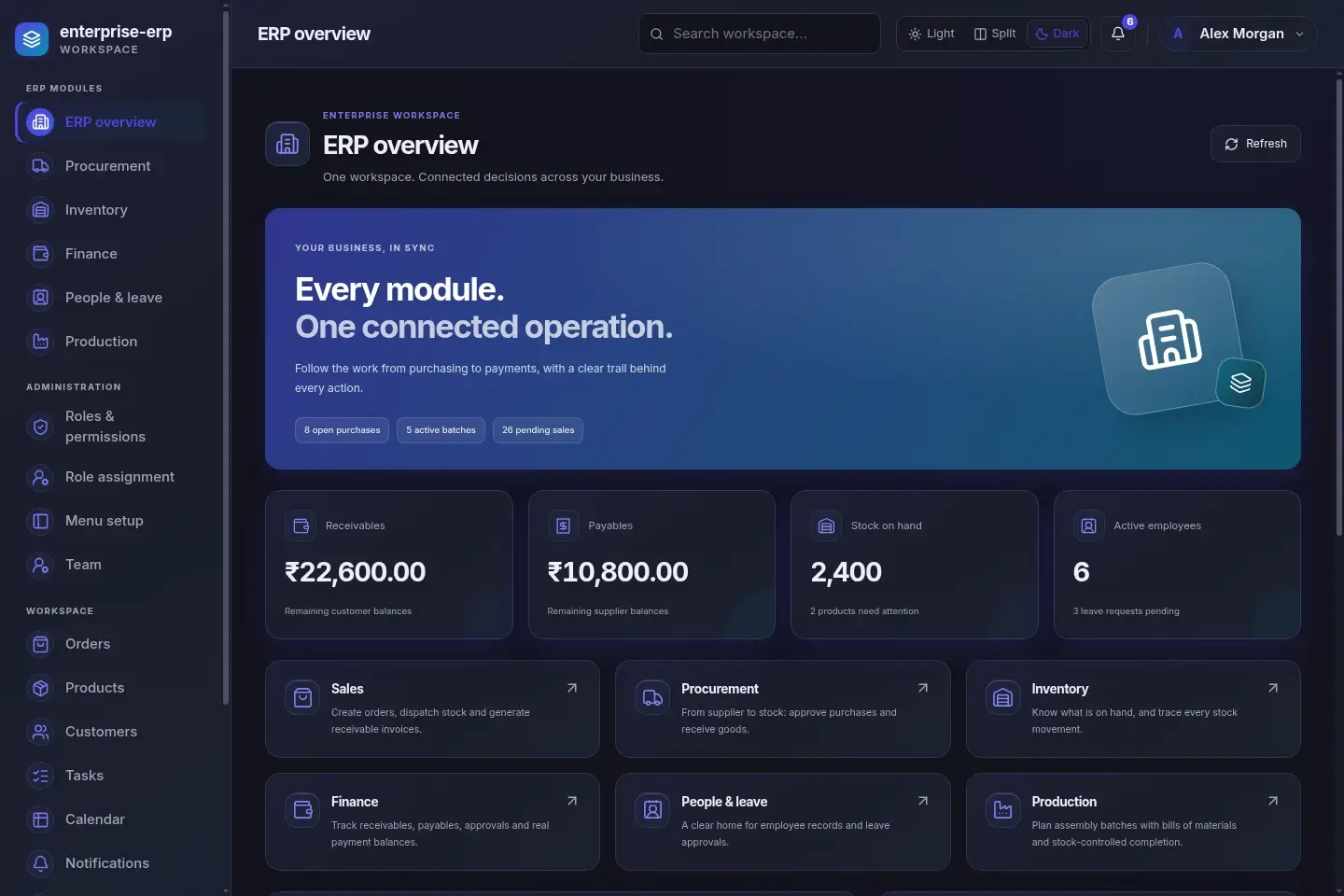 Enterprise ERP — actual desktop layout in dark mode
