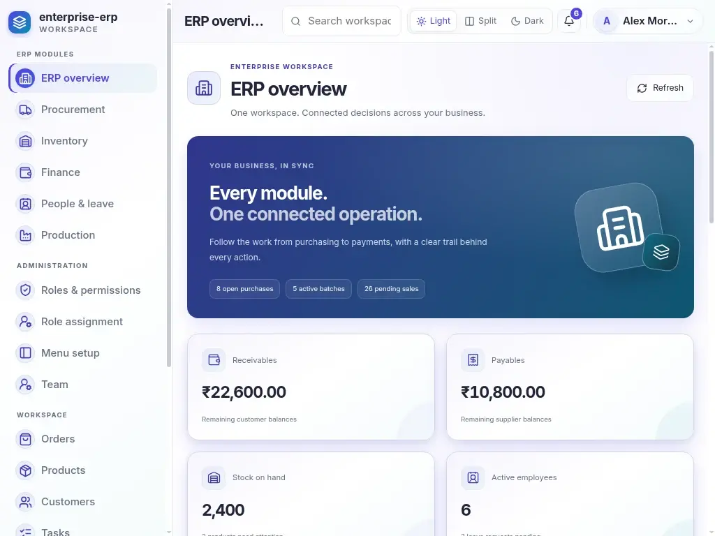 Enterprise ERP — actual laptop layout in light mode