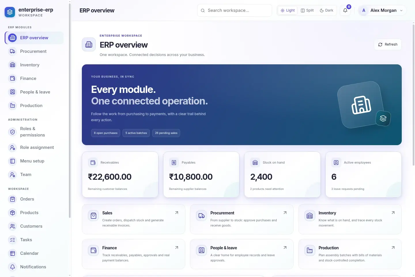 Enterprise ERP — actual desktop layout in light mode