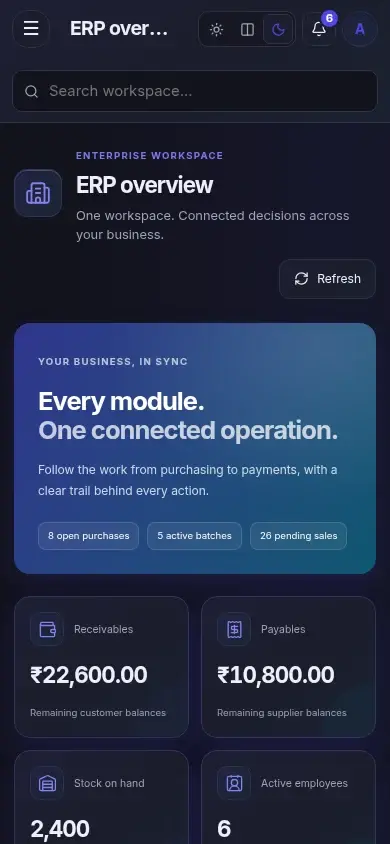 Enterprise ERP — actual mobile layout in dark mode