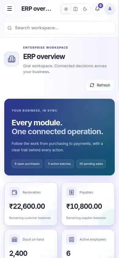 Enterprise ERP — actual mobile layout in light mode