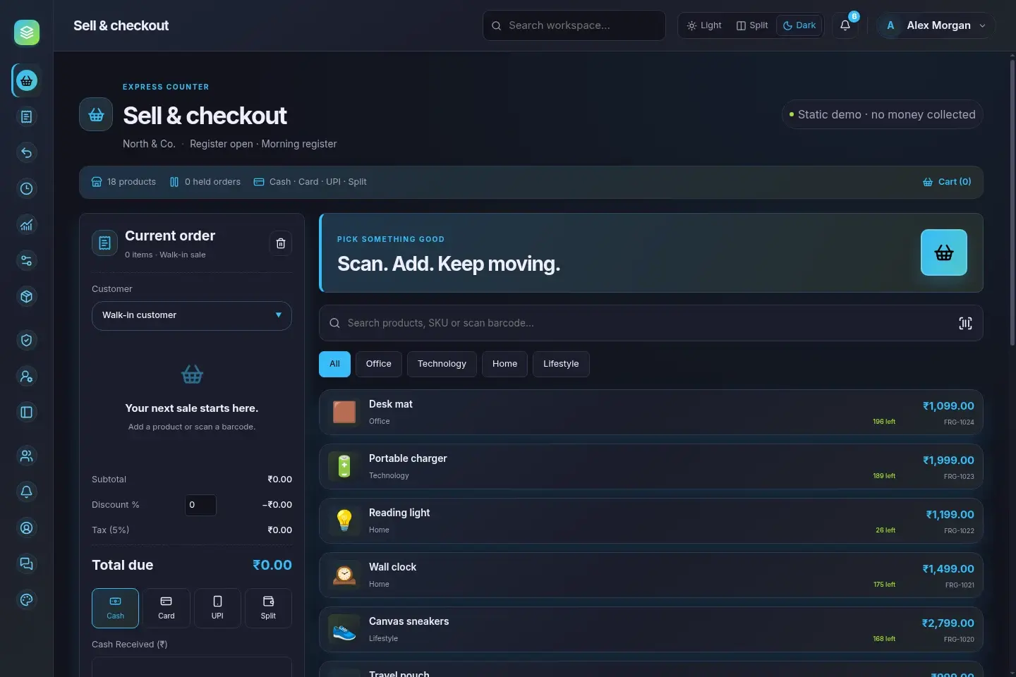 Express Counter POS — actual desktop layout in dark mode