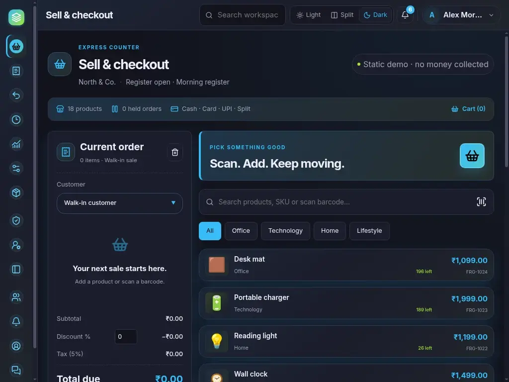 Express Counter POS — actual laptop layout in dark mode