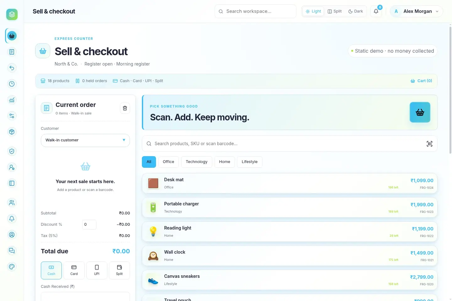 Express Counter POS — actual desktop layout in light mode
