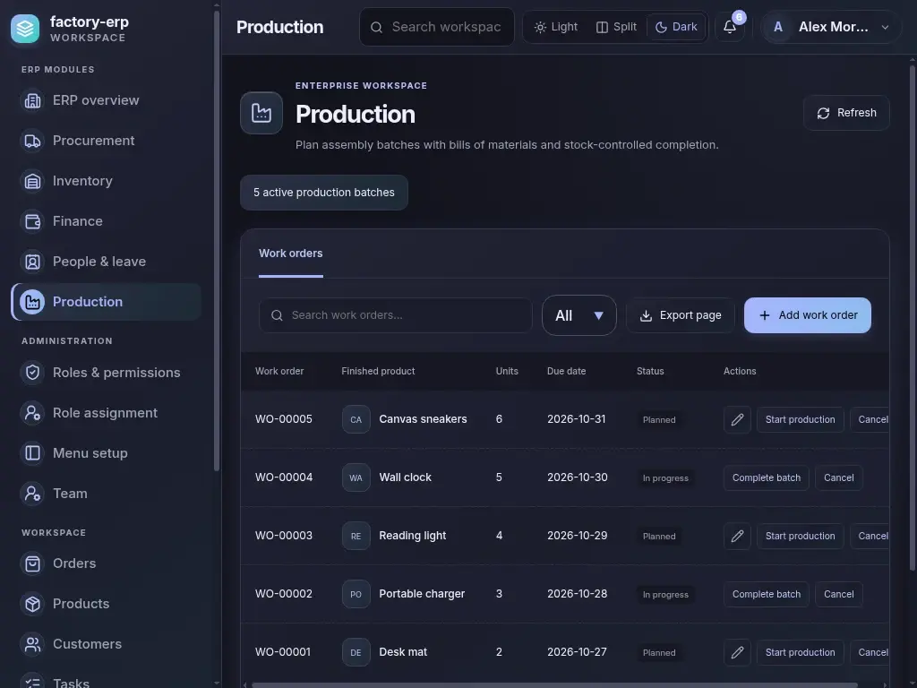 Factory ERP — actual laptop layout in dark mode