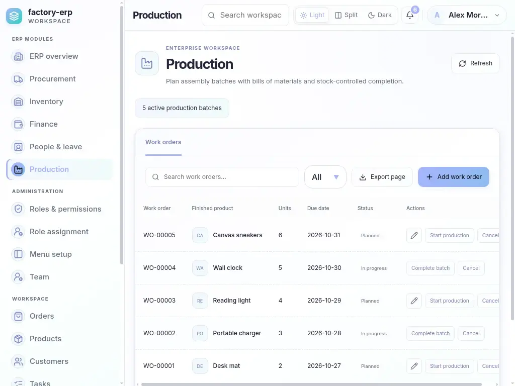 Factory ERP — actual laptop layout in light mode