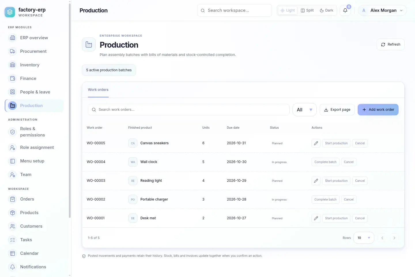 Factory ERP — actual desktop layout in light mode