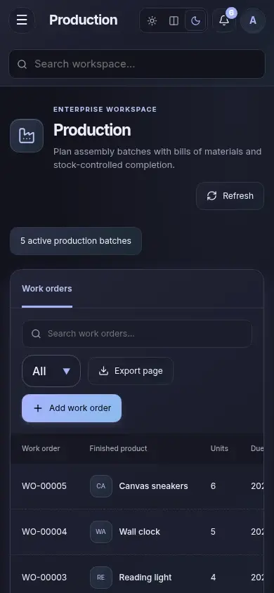 Factory ERP — actual mobile layout in dark mode