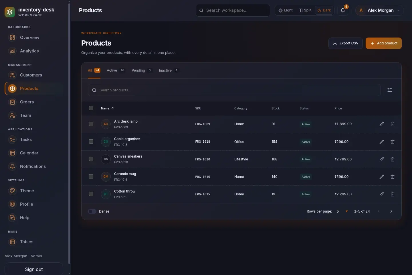 Inventory Desk — actual desktop layout in dark mode