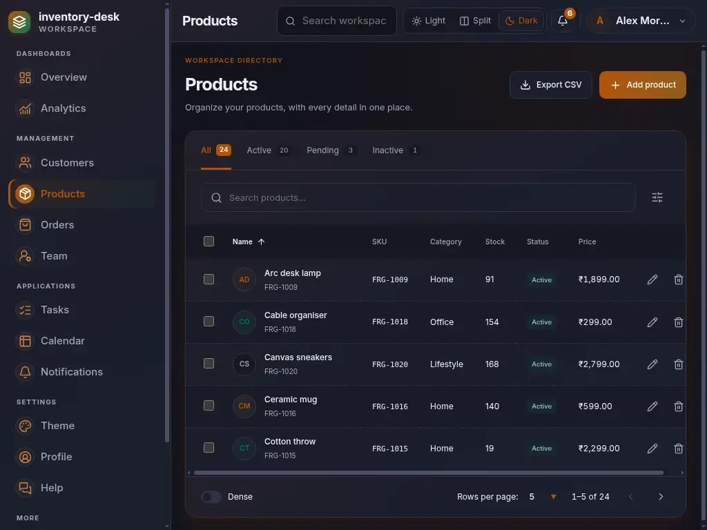 Inventory Desk — actual laptop layout in dark mode