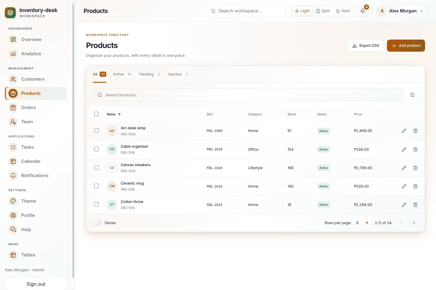 Inventory Desk — actual desktop layout in light mode