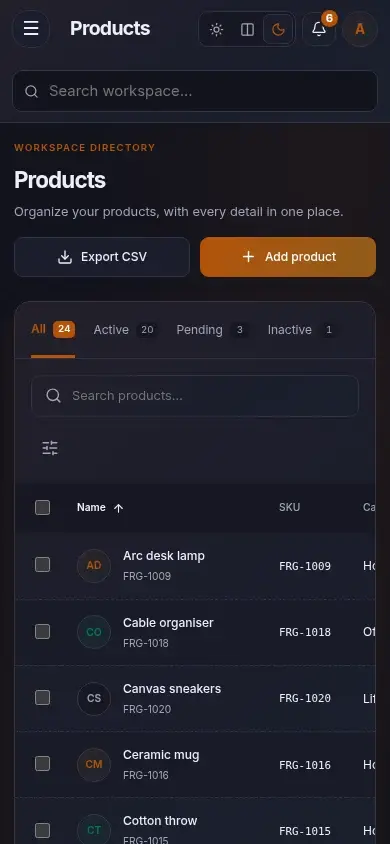 Inventory Desk — actual mobile layout in dark mode
