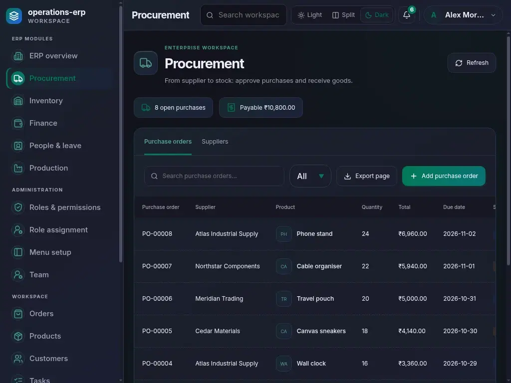 Operations ERP — actual laptop layout in dark mode