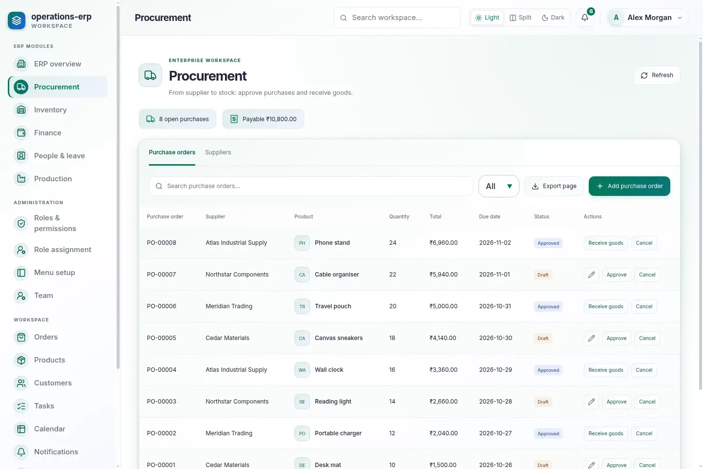 Operations ERP — actual desktop layout in light mode