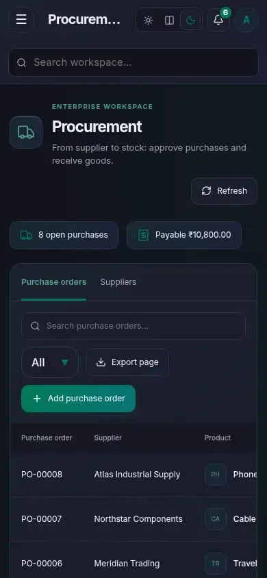 Operations ERP — actual mobile layout in dark mode