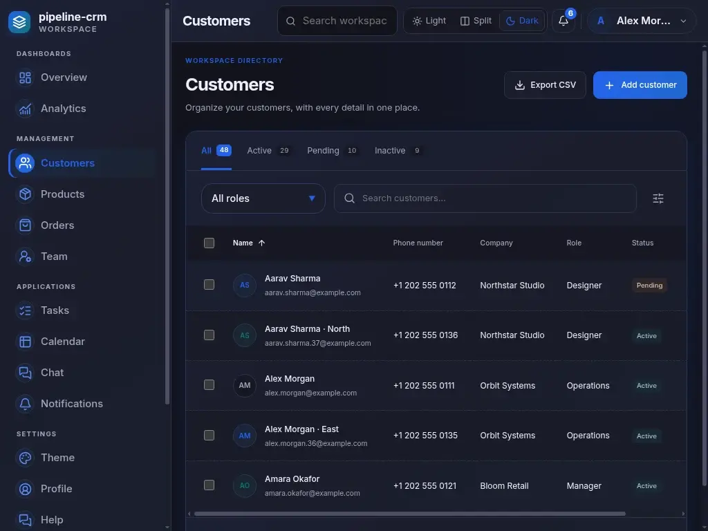 Pipeline CRM — actual laptop layout in dark mode