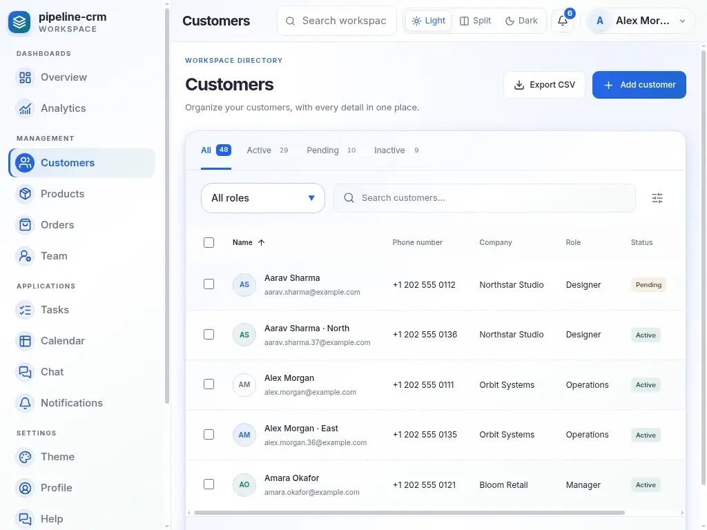 Pipeline CRM — actual laptop layout in light mode