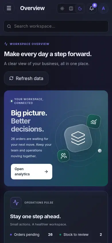 Pulse Analytics — actual mobile layout in dark mode