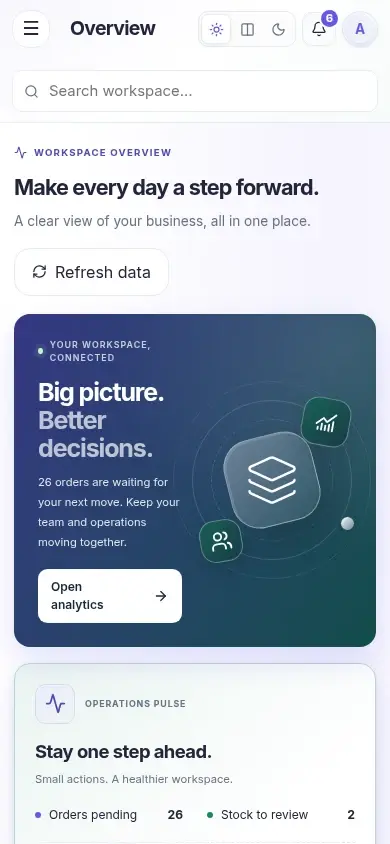 Pulse Analytics — actual mobile layout in light mode