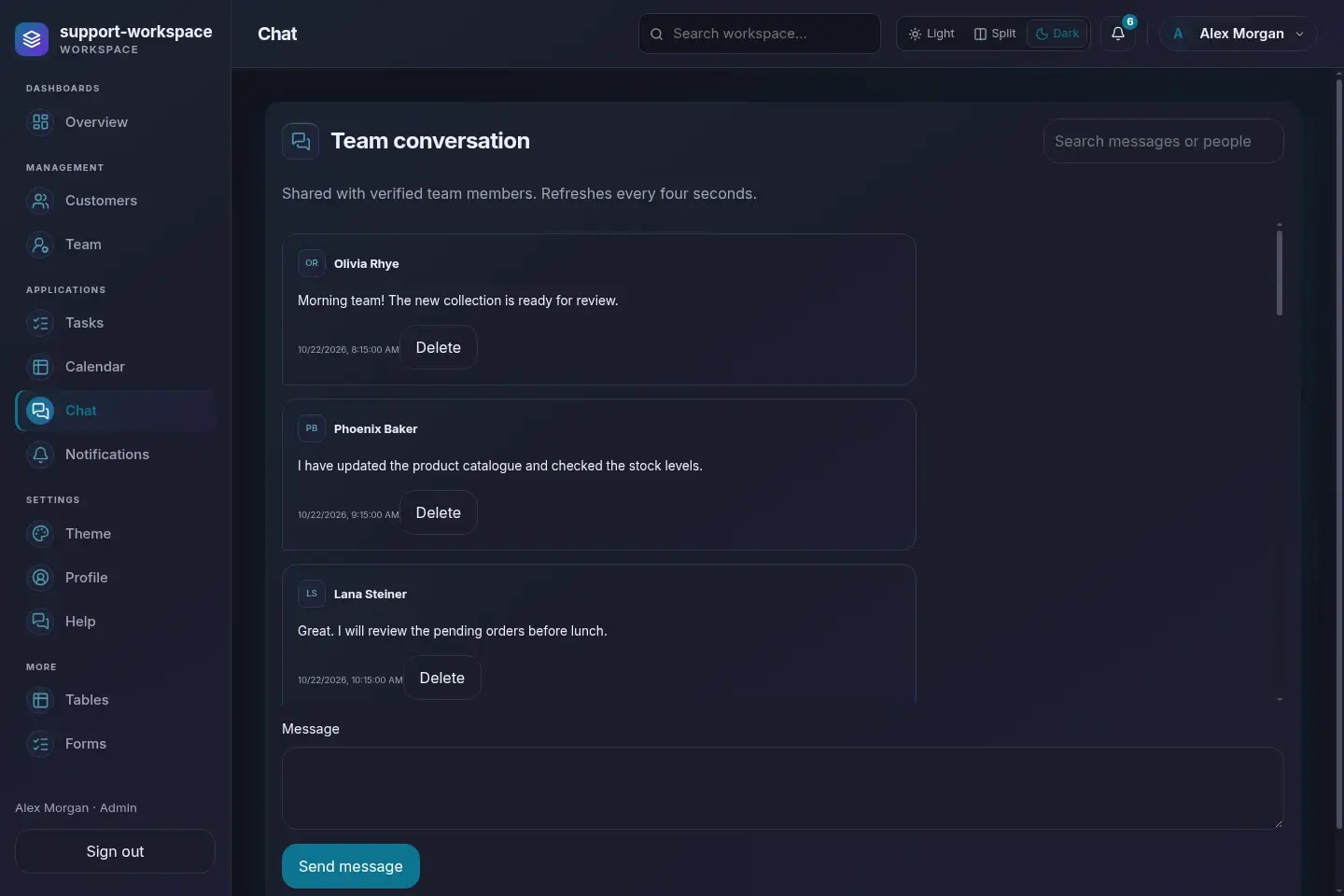 Support Workspace — actual desktop layout in dark mode