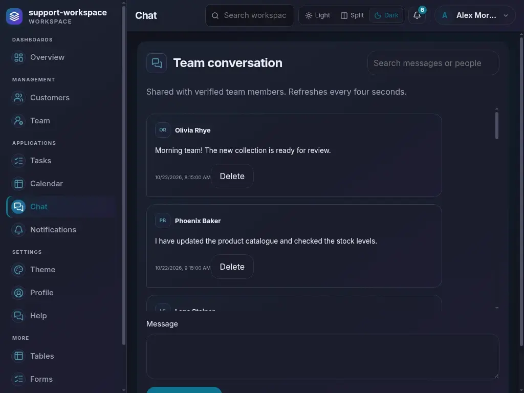 Support Workspace — actual laptop layout in dark mode