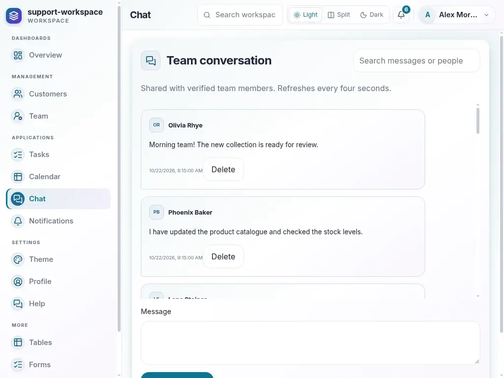 Support Workspace — actual laptop layout in light mode