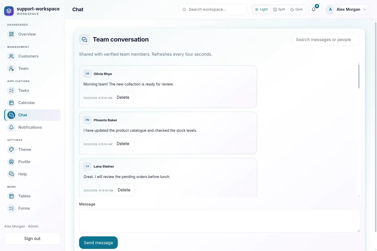 Support Workspace — actual desktop layout in light mode