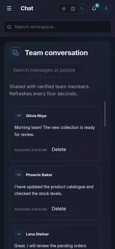 Support Workspace — actual mobile layout in dark mode