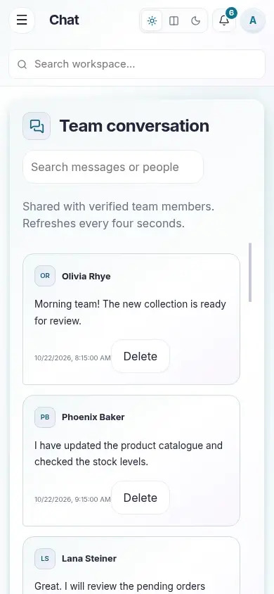 Support Workspace — actual mobile layout in light mode