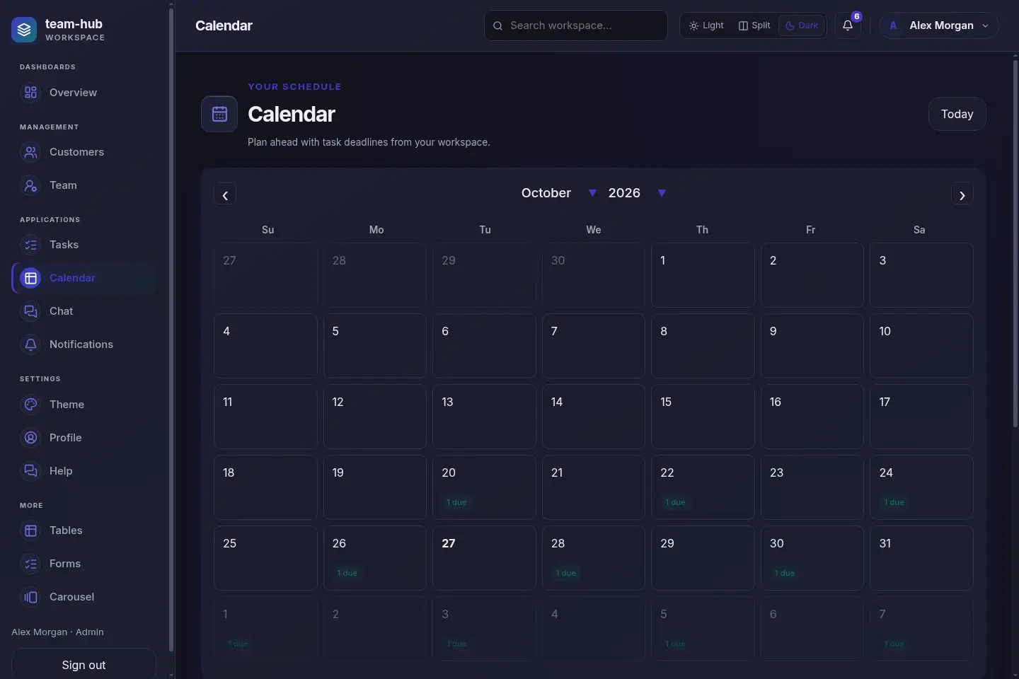 Team Hub — actual desktop layout in dark mode