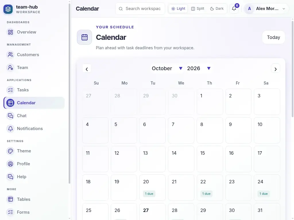 Team Hub — actual laptop layout in light mode