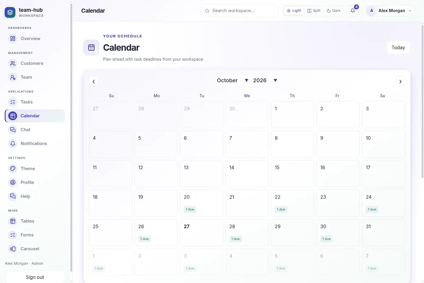 Team Hub dashboard with connected business pages